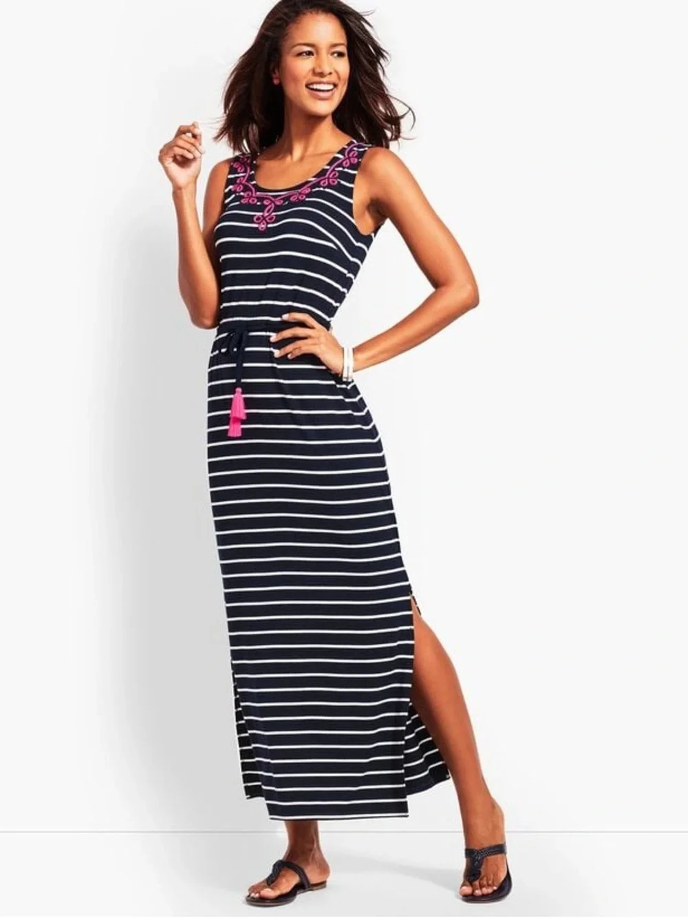 EMBROIDERED TASSEL-BELT STRIPE JERSEY MAXI DRESS, SIZE MP, GREAT CONDITION